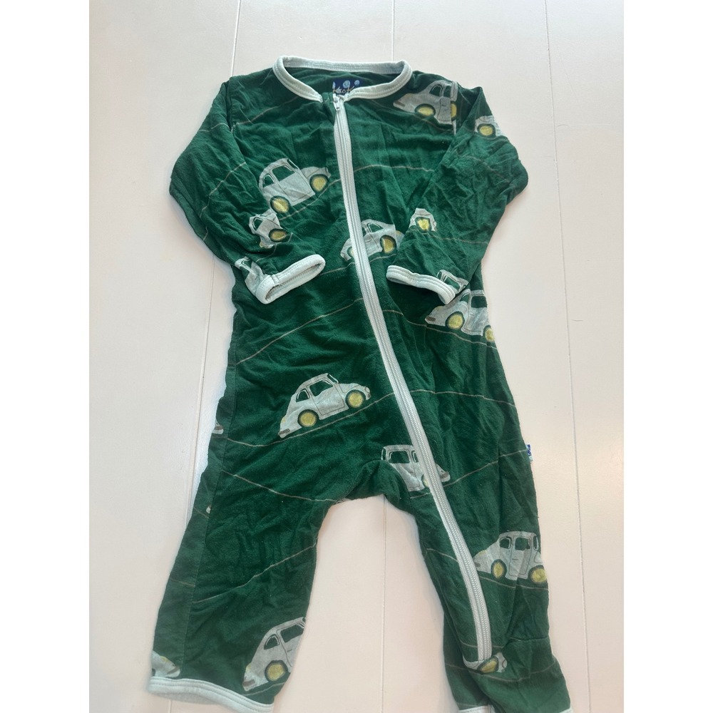 Kickee Pants Coverall Kids 0-3M Green Good Vintage Car Bamboo Zip Romper